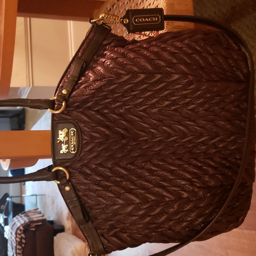 Coach mahogany nylon handbag with leather trim.